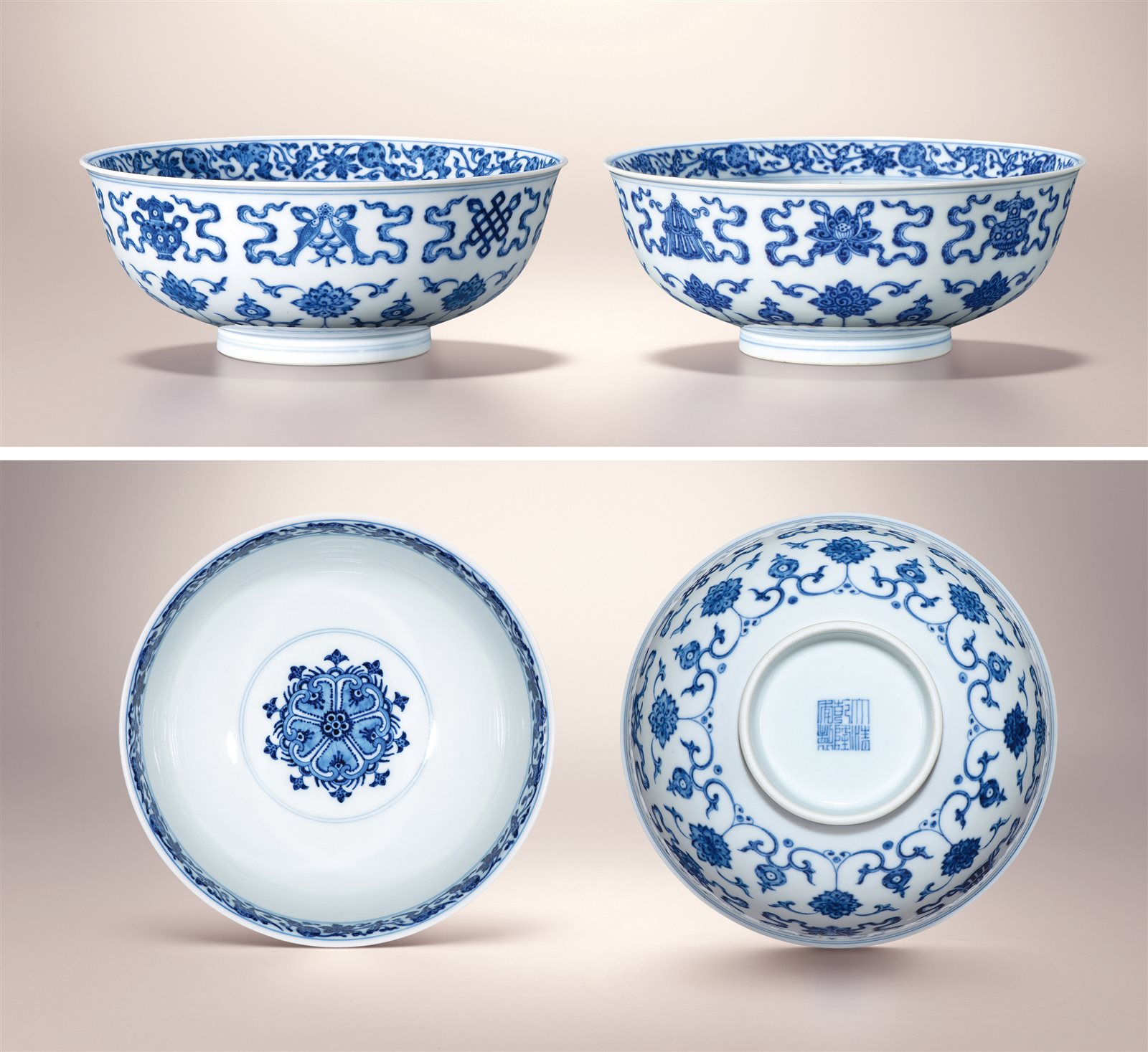 外珊瑚红内青花“一路连科”纹碗