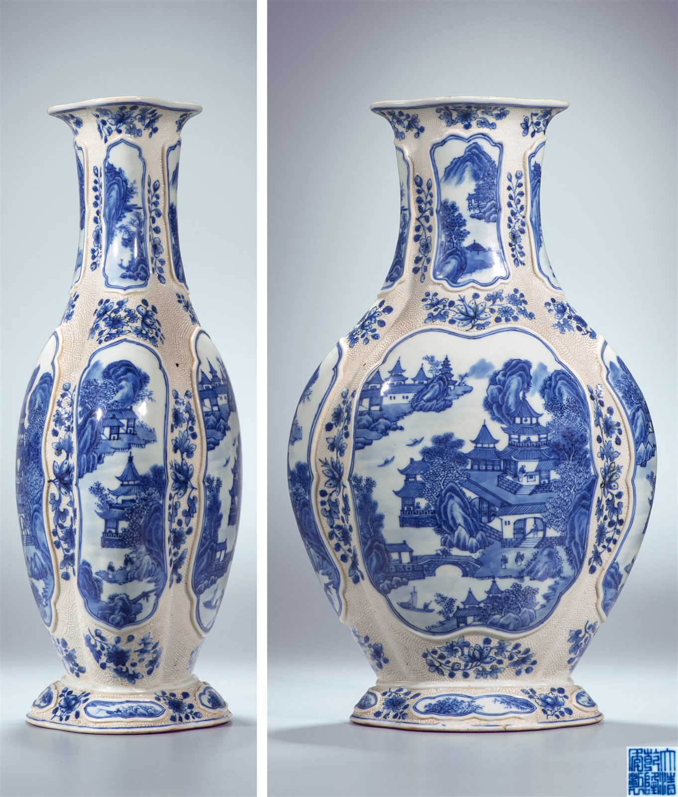 青花珍珠釉地浮雕开光山水人物纹海棠式瓶（图录号：1006）