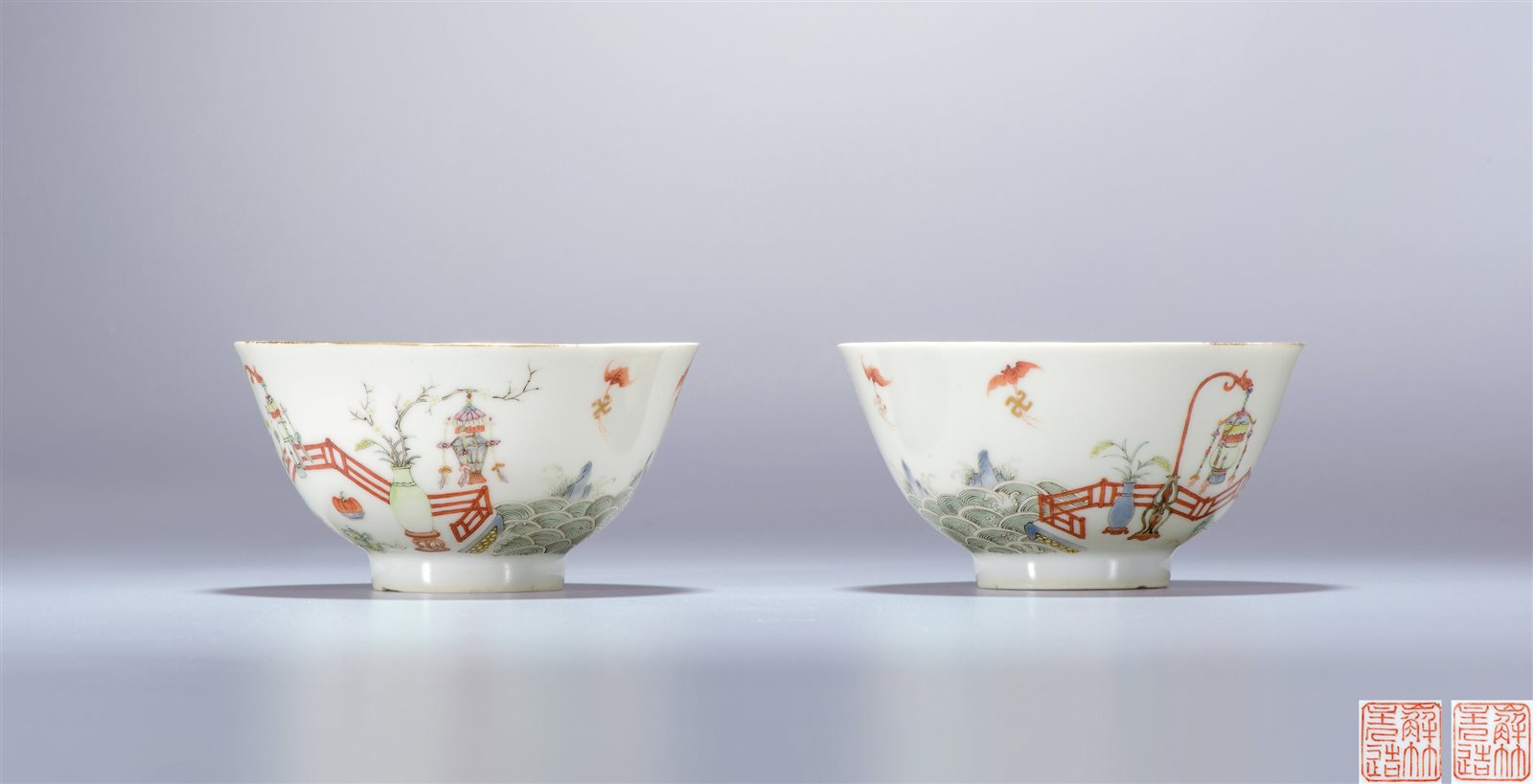 粉彩福山寿海五谷丰登纹小碗一对