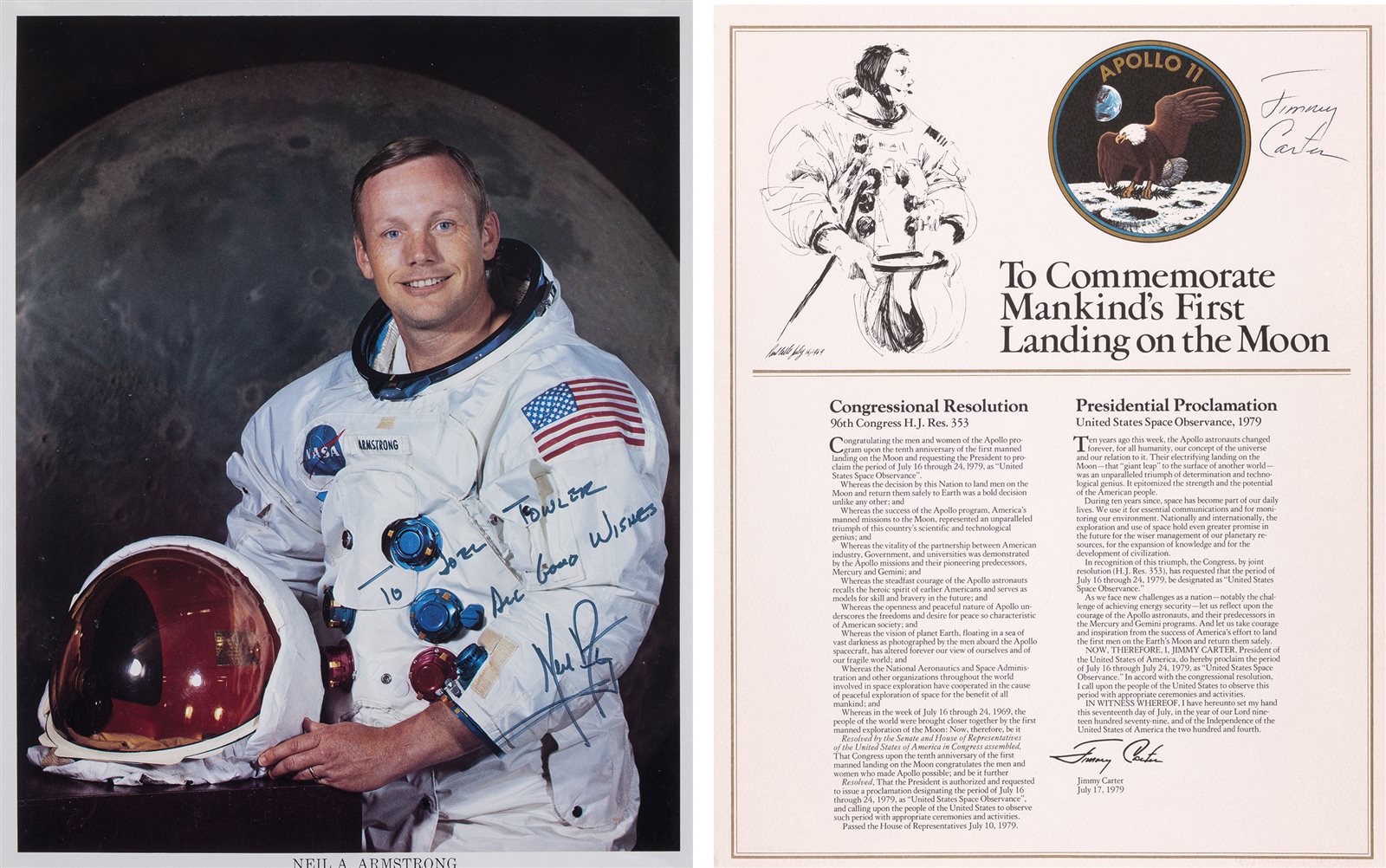人类第一个踏上月球的美国宇航员阿姆斯特朗亲笔签名照片及美国总统吉米·卡特亲笔签名国家太空纪念周公告