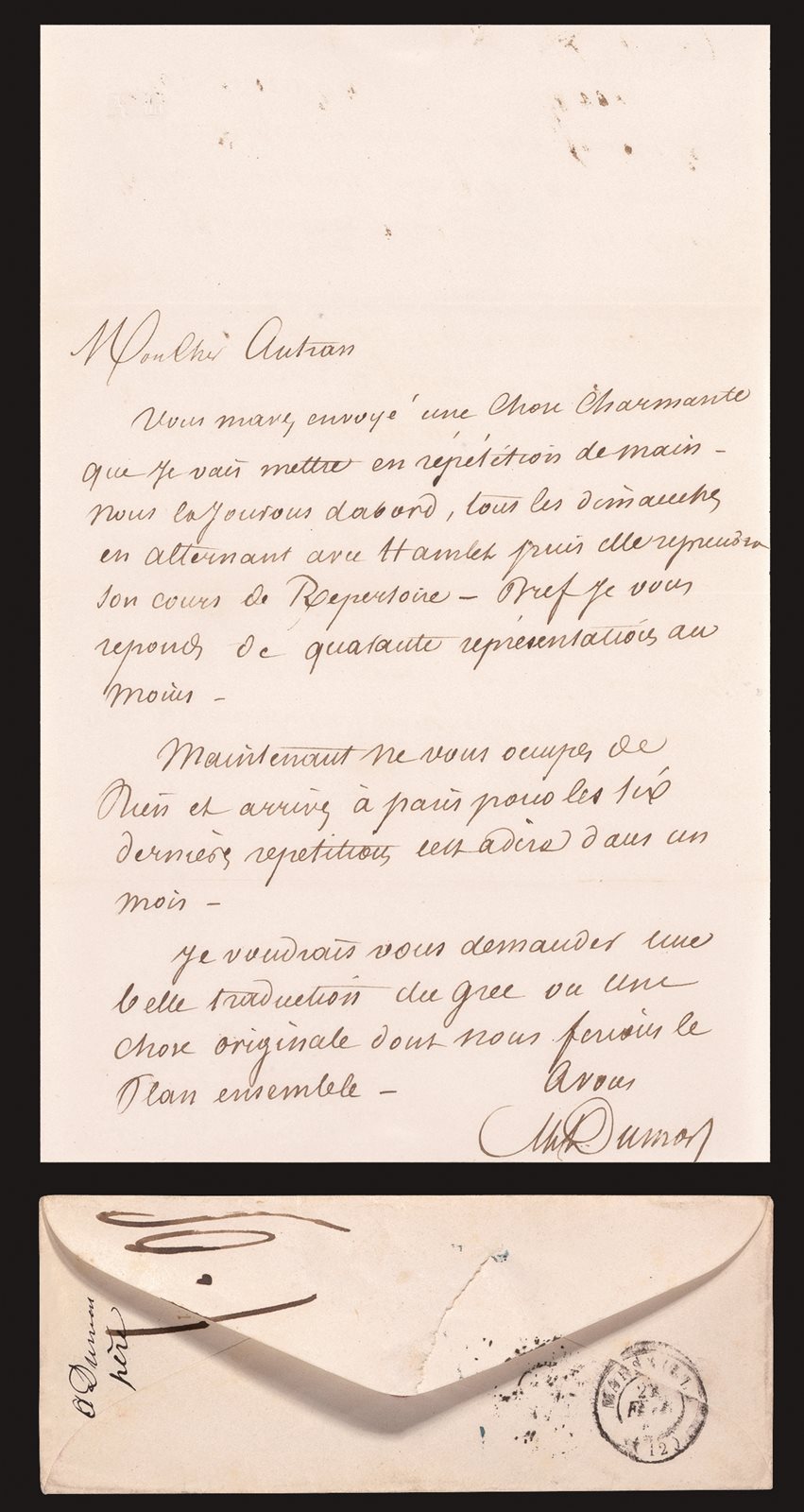 1847年法国小说家大仲马和演员讨论演出《哈姆雷特》亲笔信函