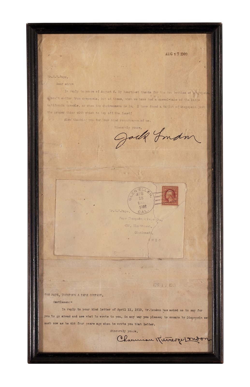 美国著名作家杰克·伦敦与妻子签名信函两件