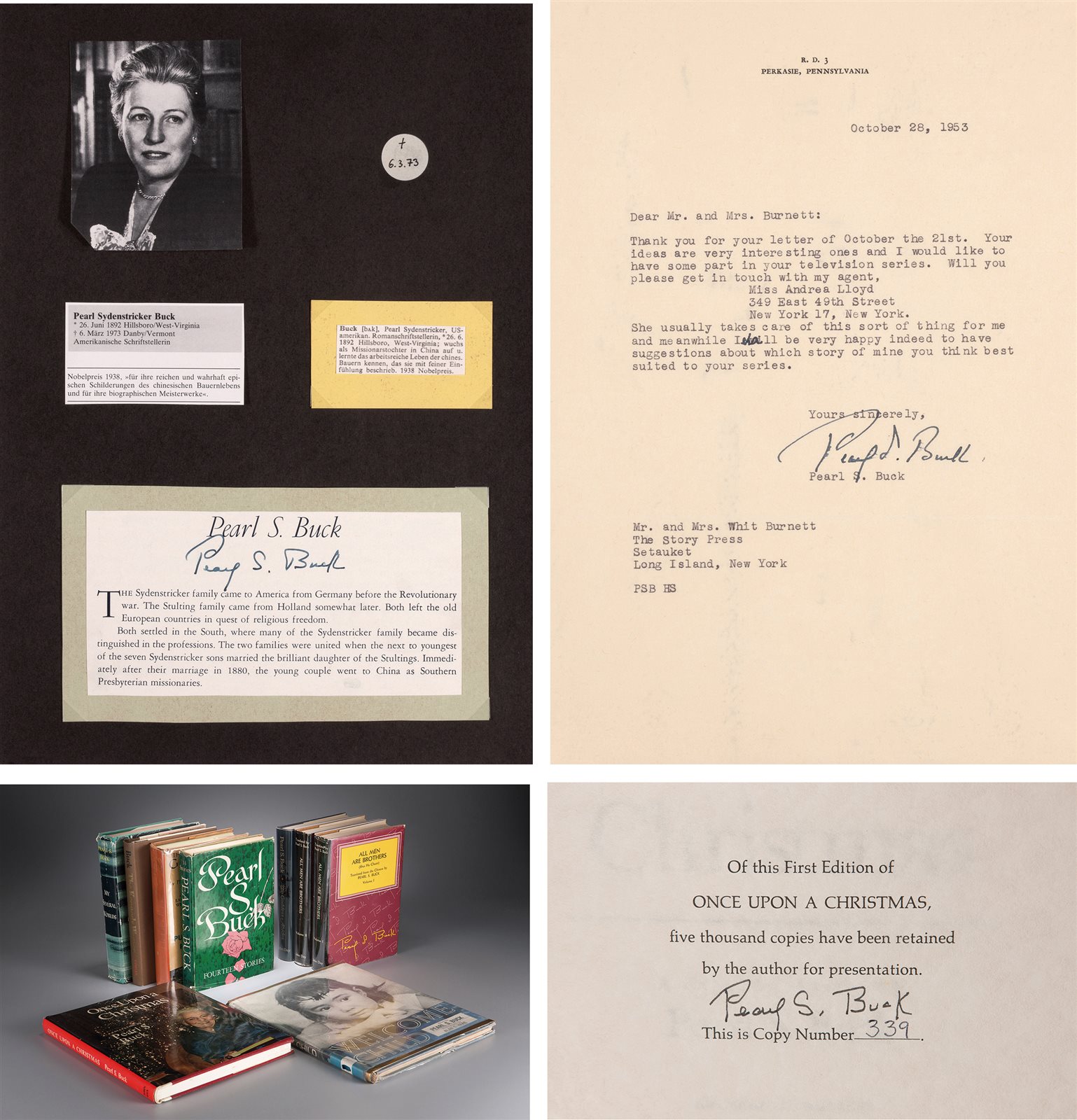 诺贝尔文学奖获得者赛珍珠签名著作9册及信函两件