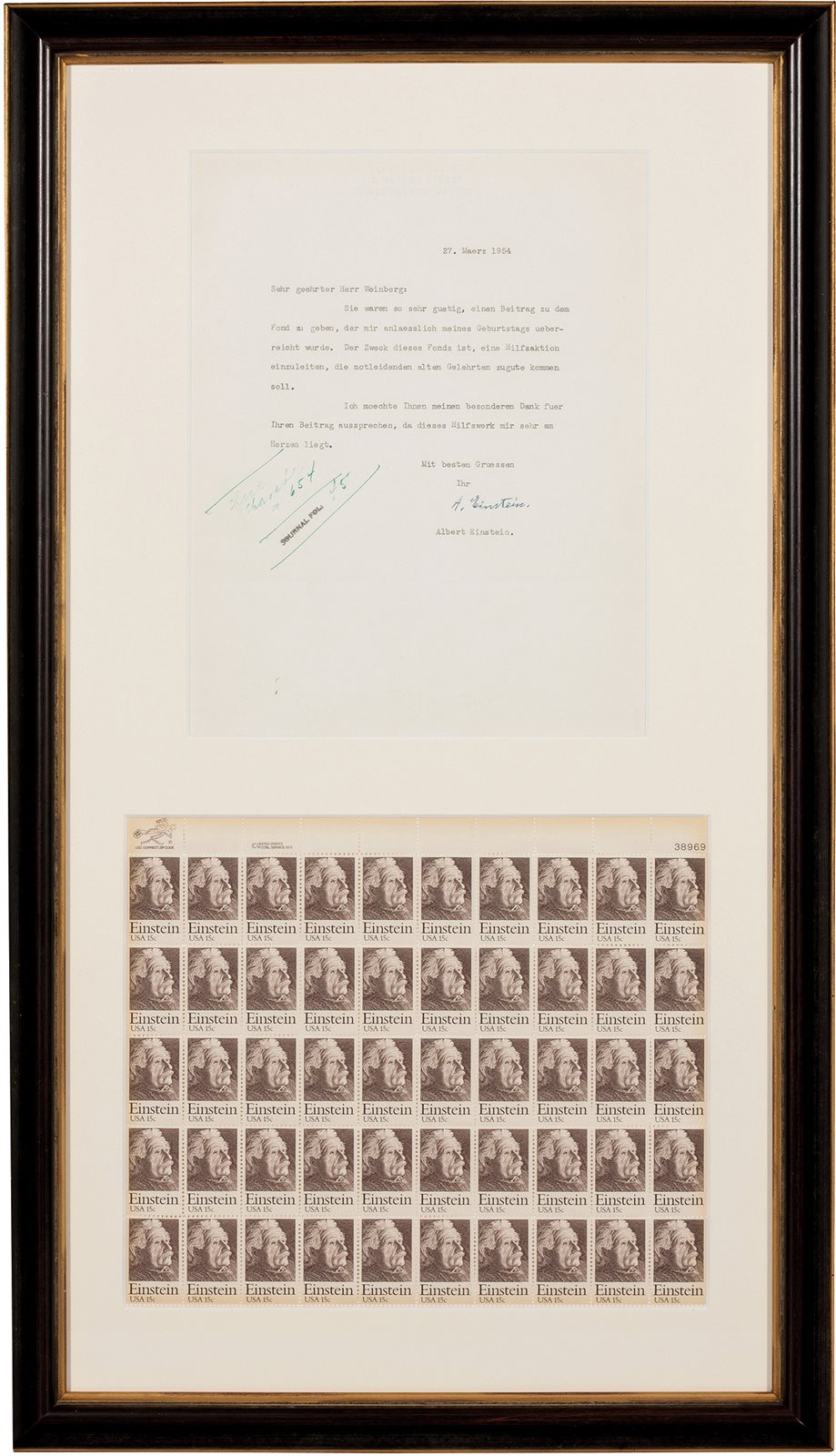 爱因斯坦签名信函一件及肖像邮票50枚