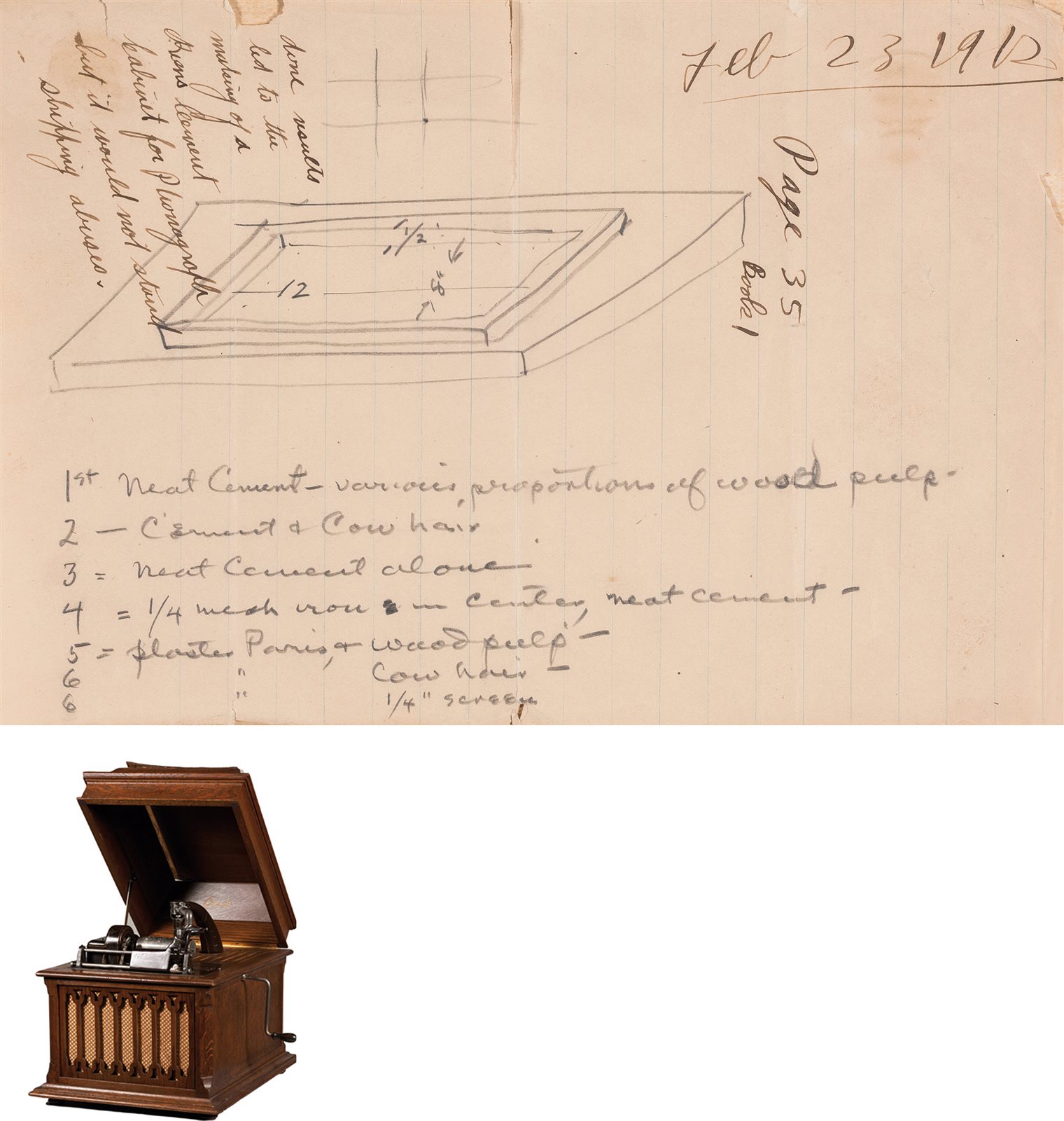 世界著名发明家爱迪生设计图纸及爱迪生公司原产古董留声机一座