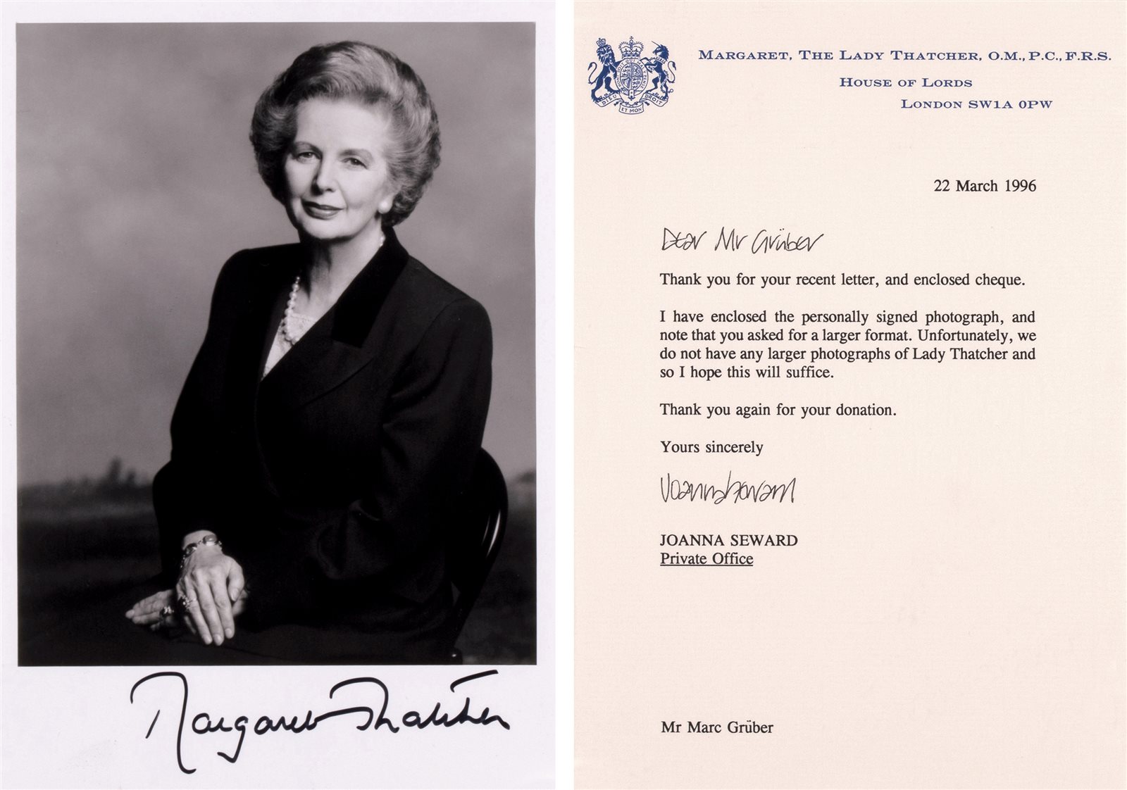 英国首相撒切尔夫人亲笔签名照片及信函