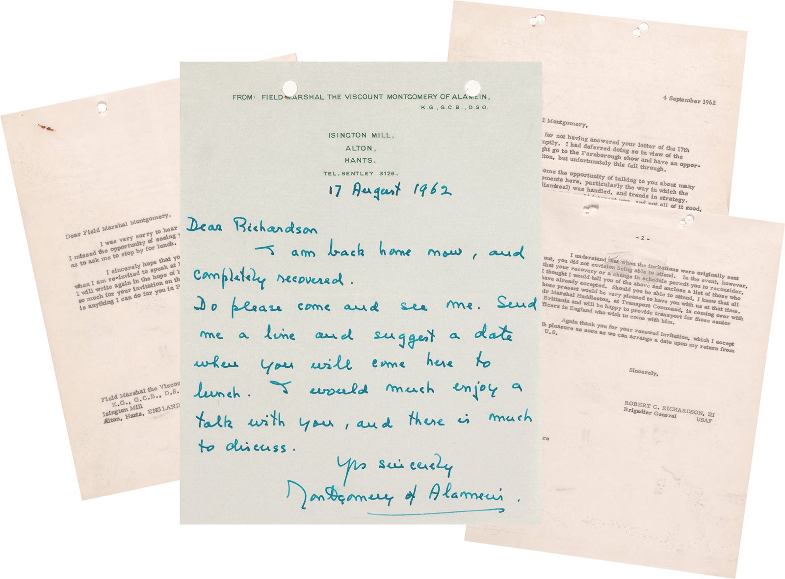 英国陆军元帅蒙哥马利与美国空军准将罗伯特·查理德三世往来信函四件