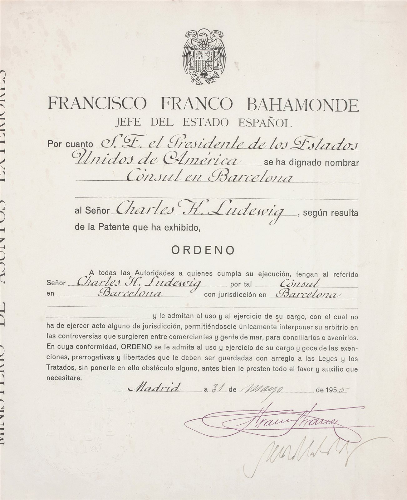西班牙独裁者佛朗西斯科·佛朗哥印章签名文件