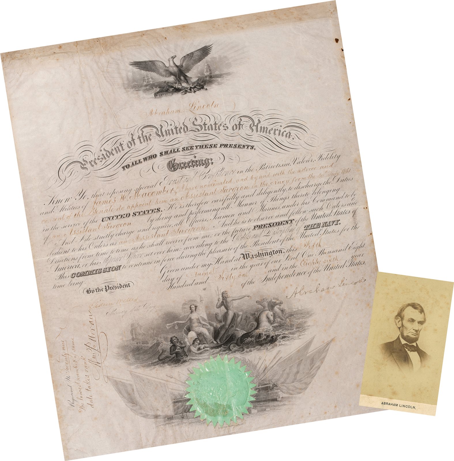 南北战争期间美国总统亚伯拉罕·林肯签名委任状