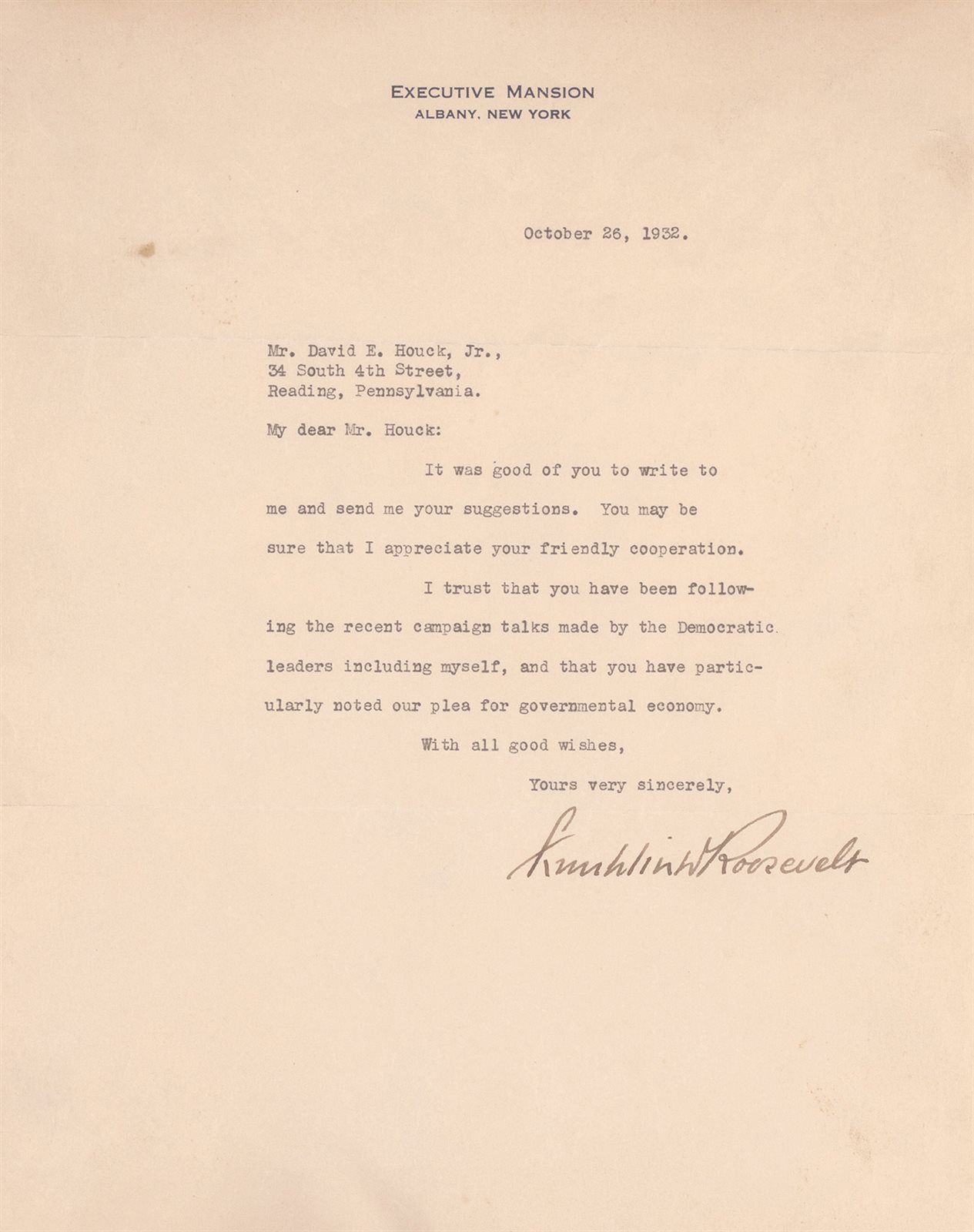 美国32任总统富兰克林·罗斯福签名信函