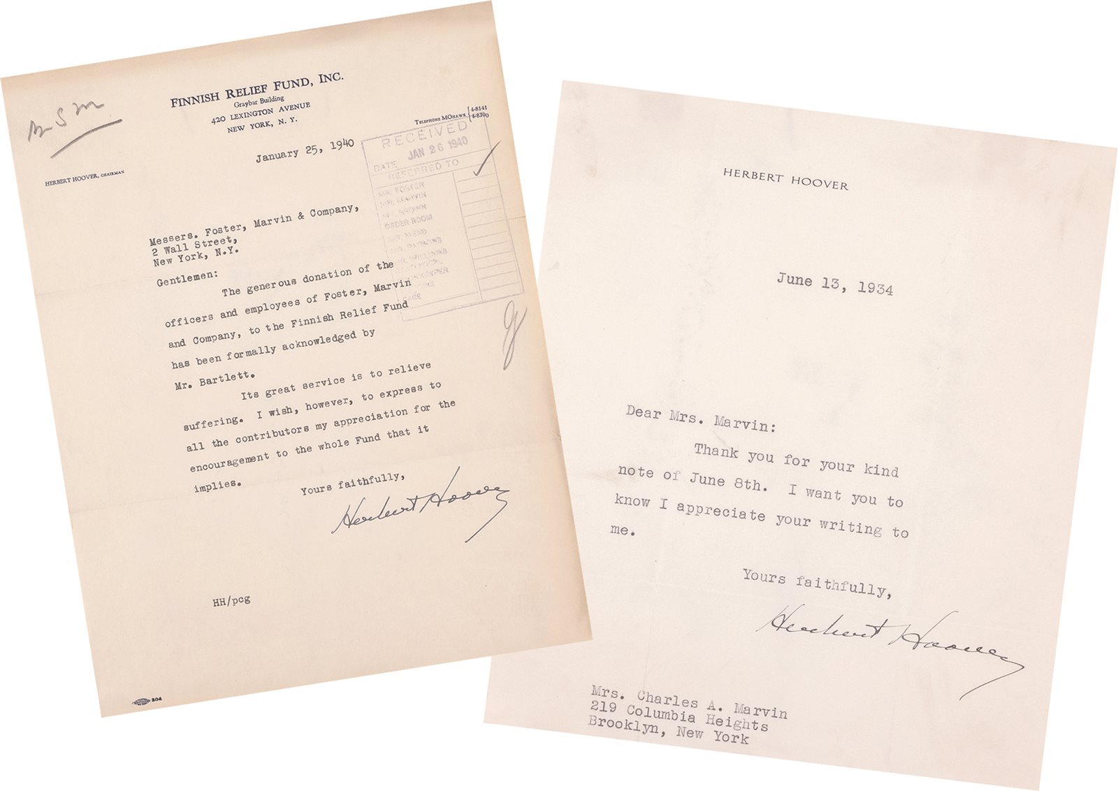美国31任总统赫伯特·胡佛亲笔签名信函两件