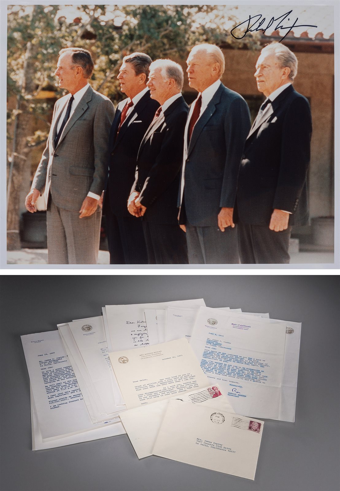 美国40任总统里根任加利福尼亚州长期间签名信札20件及五位总统合影签名照片