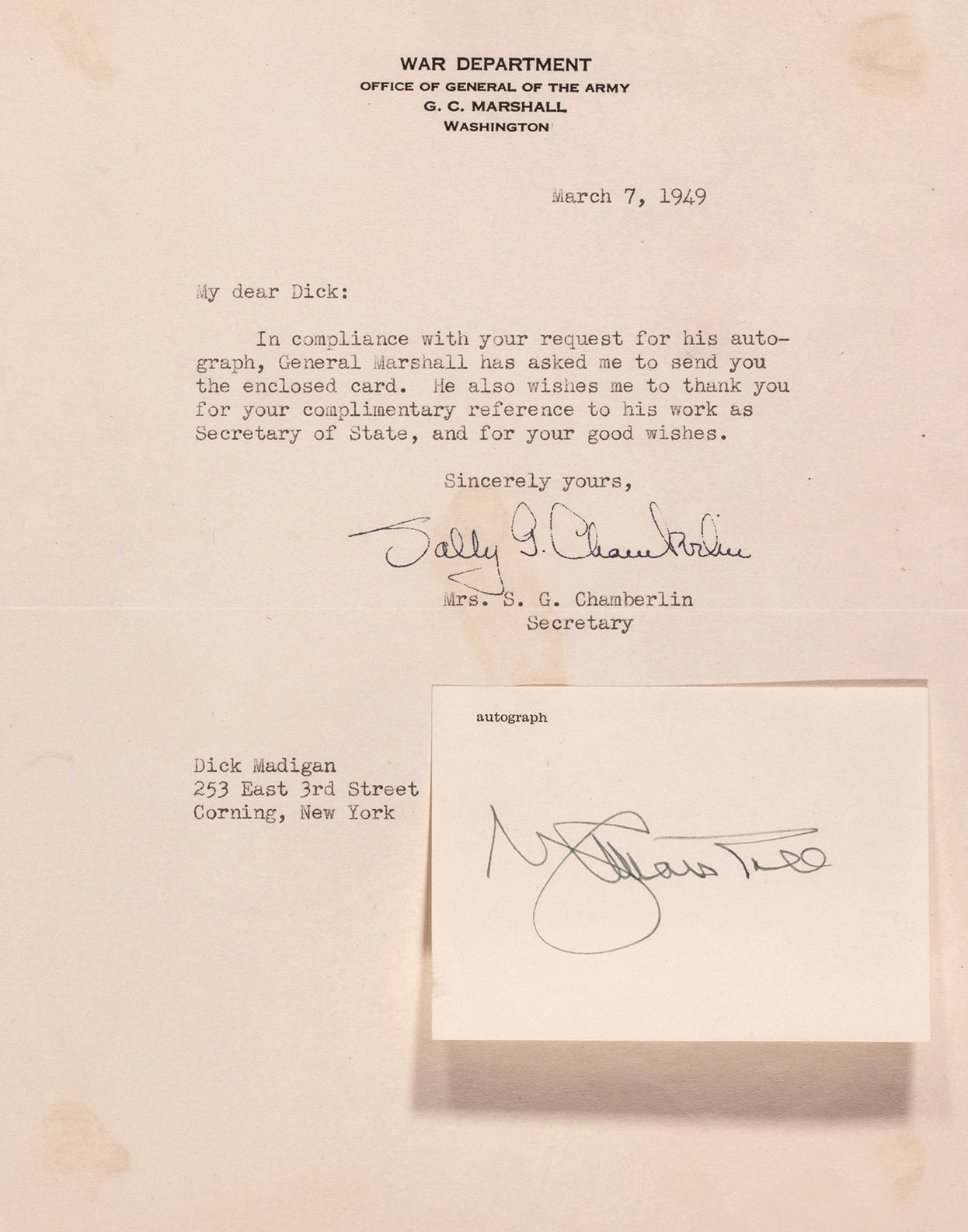 美国五星上将马歇尔签名信函一件