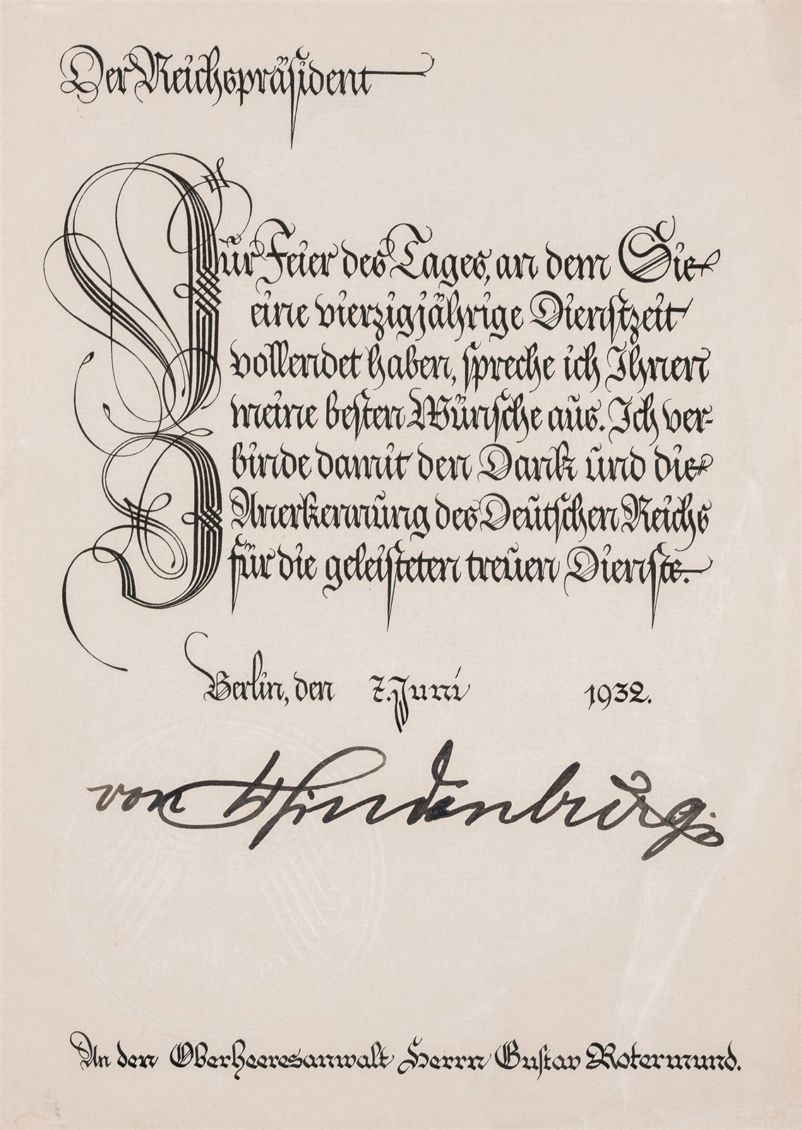 德国总统兴登堡签名信函一件