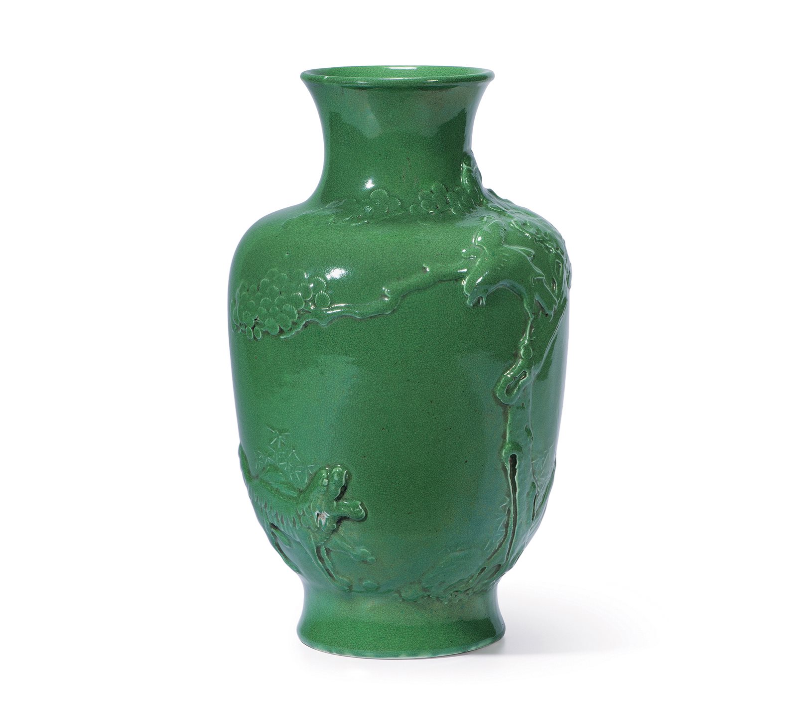 绿釉浮雕英雄独立图灯笼瓶