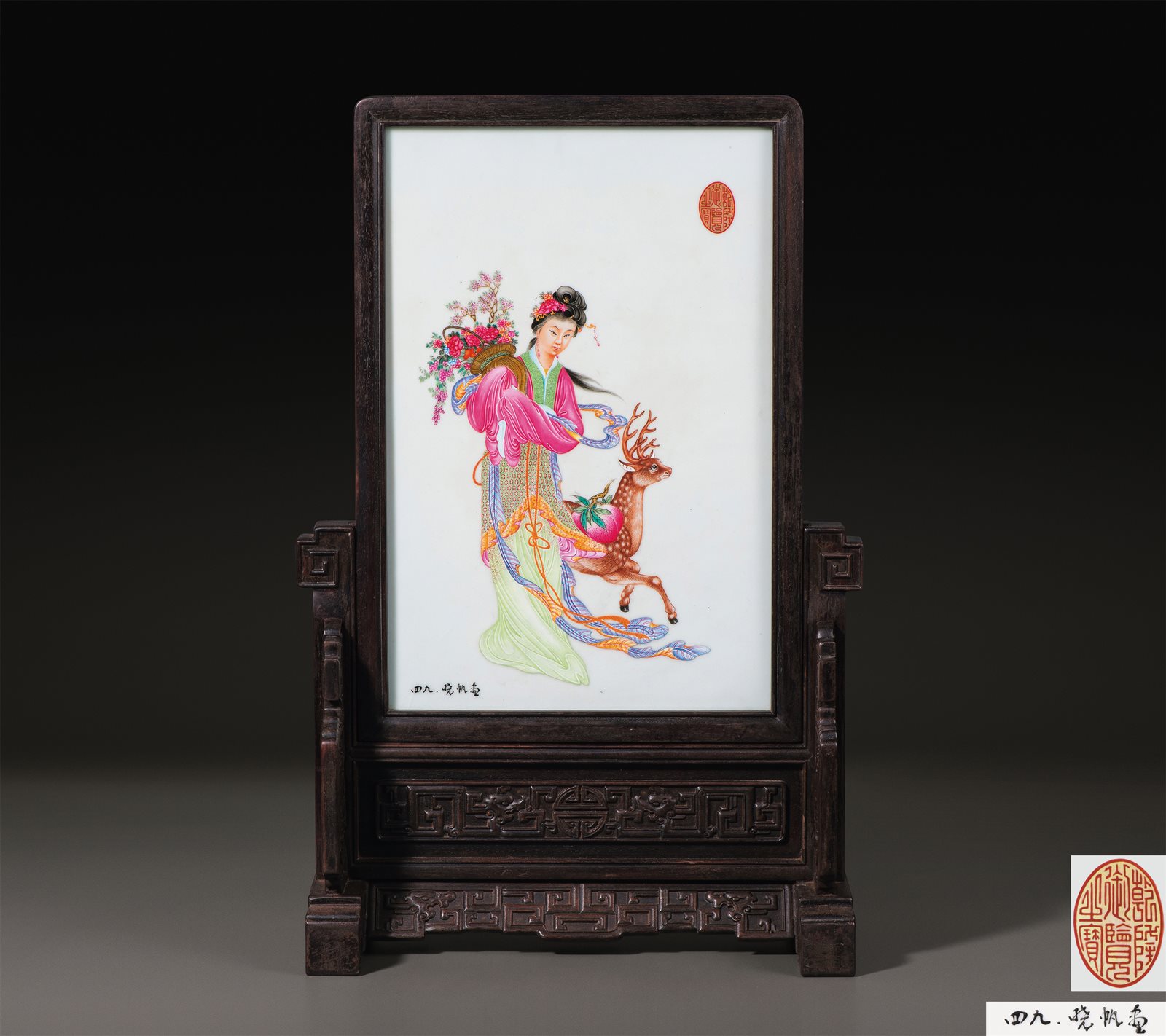 彩绘麻姑献寿图瓷板