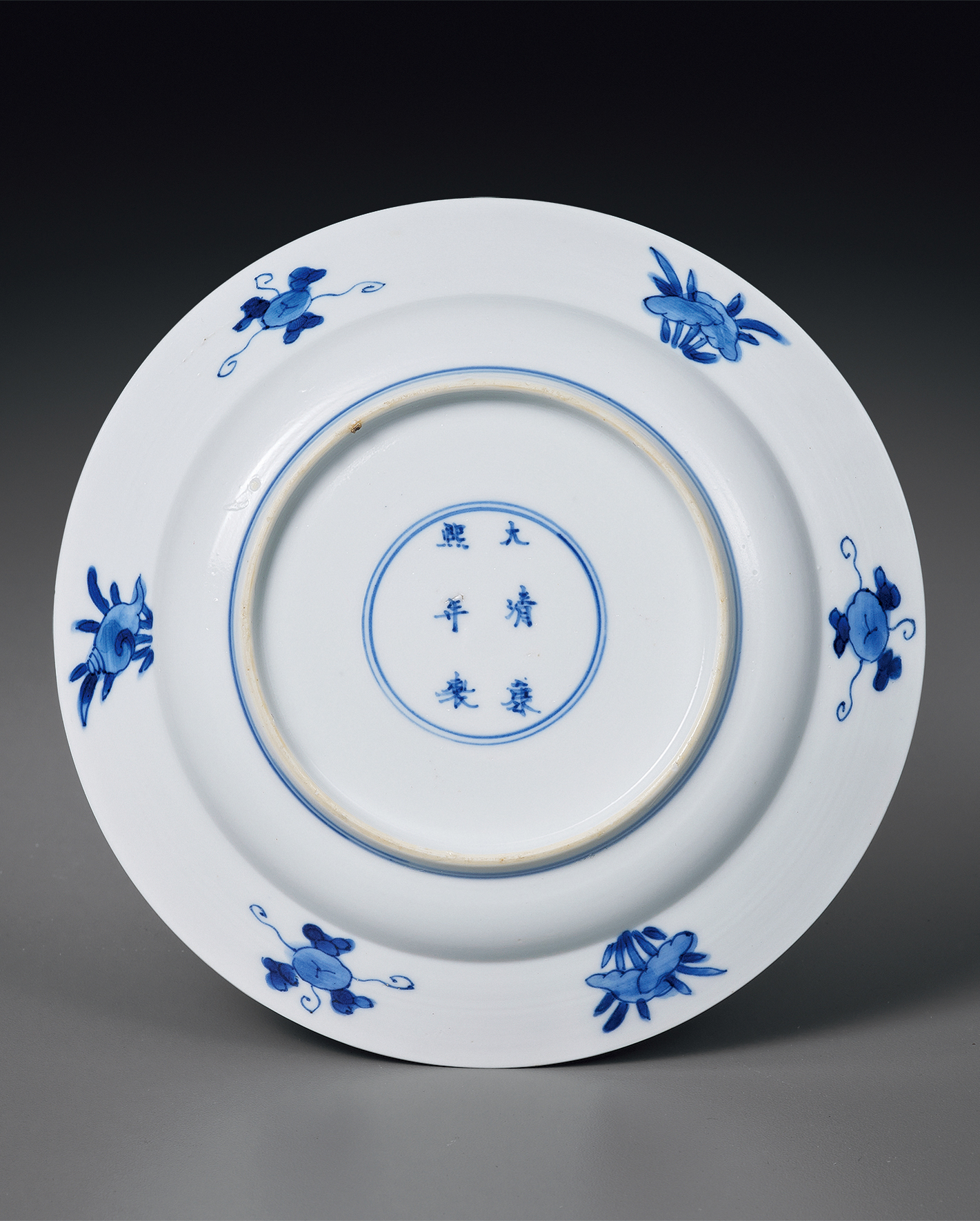 清康熙 青花海水鱼化龙纹折腰盘