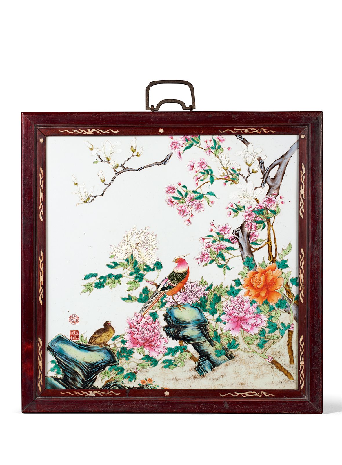 清中期 粉彩锦鸡牡丹纹瓷板