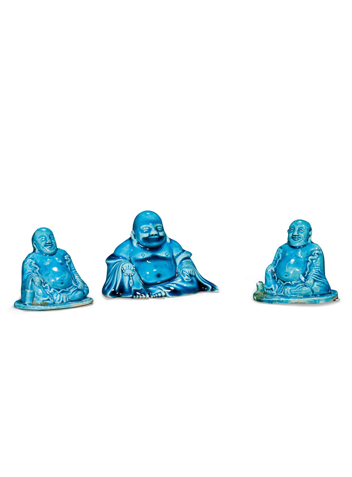 清 孔雀蓝釉弥勒佛坐像、香插一组三件