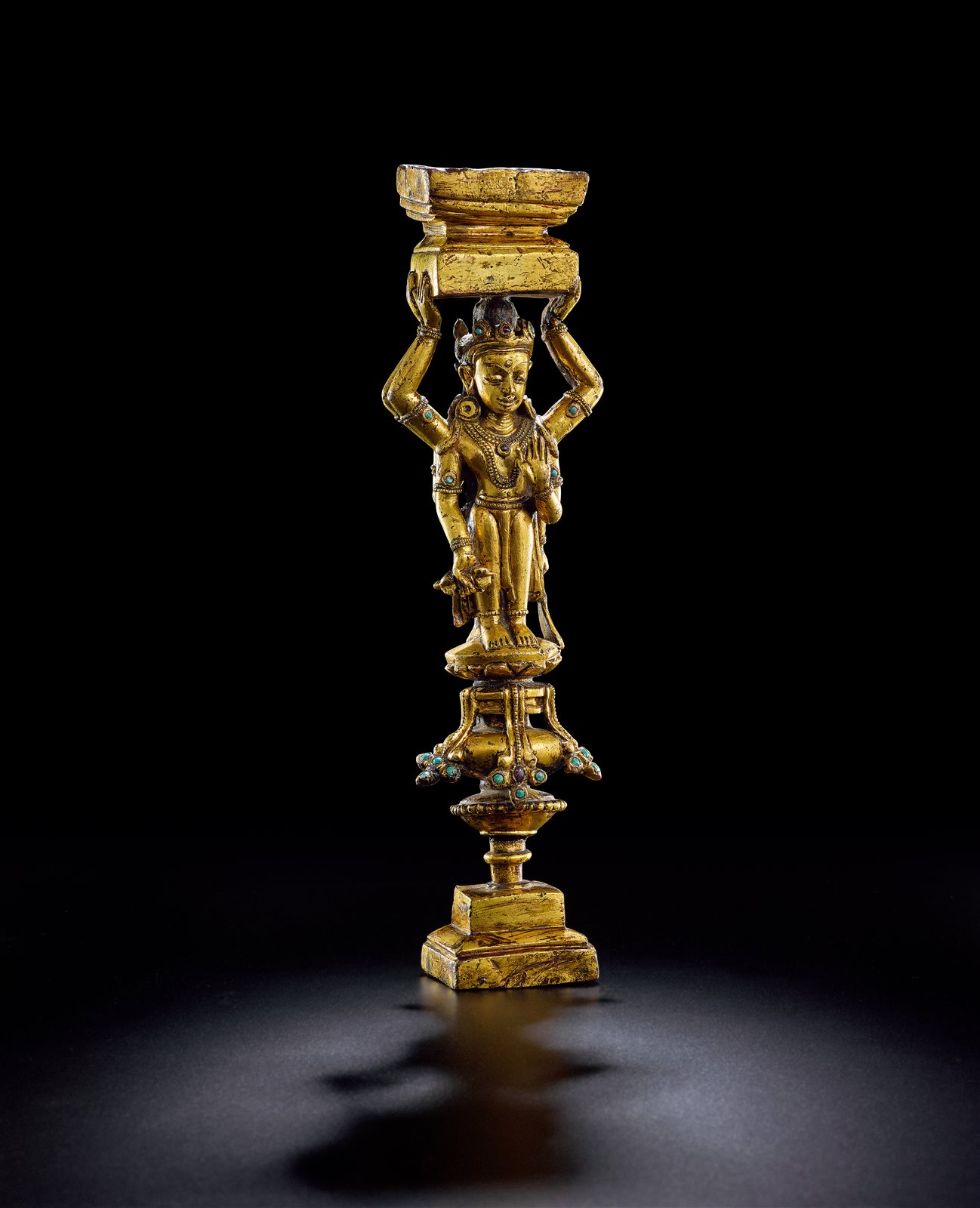 十五世纪 铜鎏金嵌宝石供养人立柱