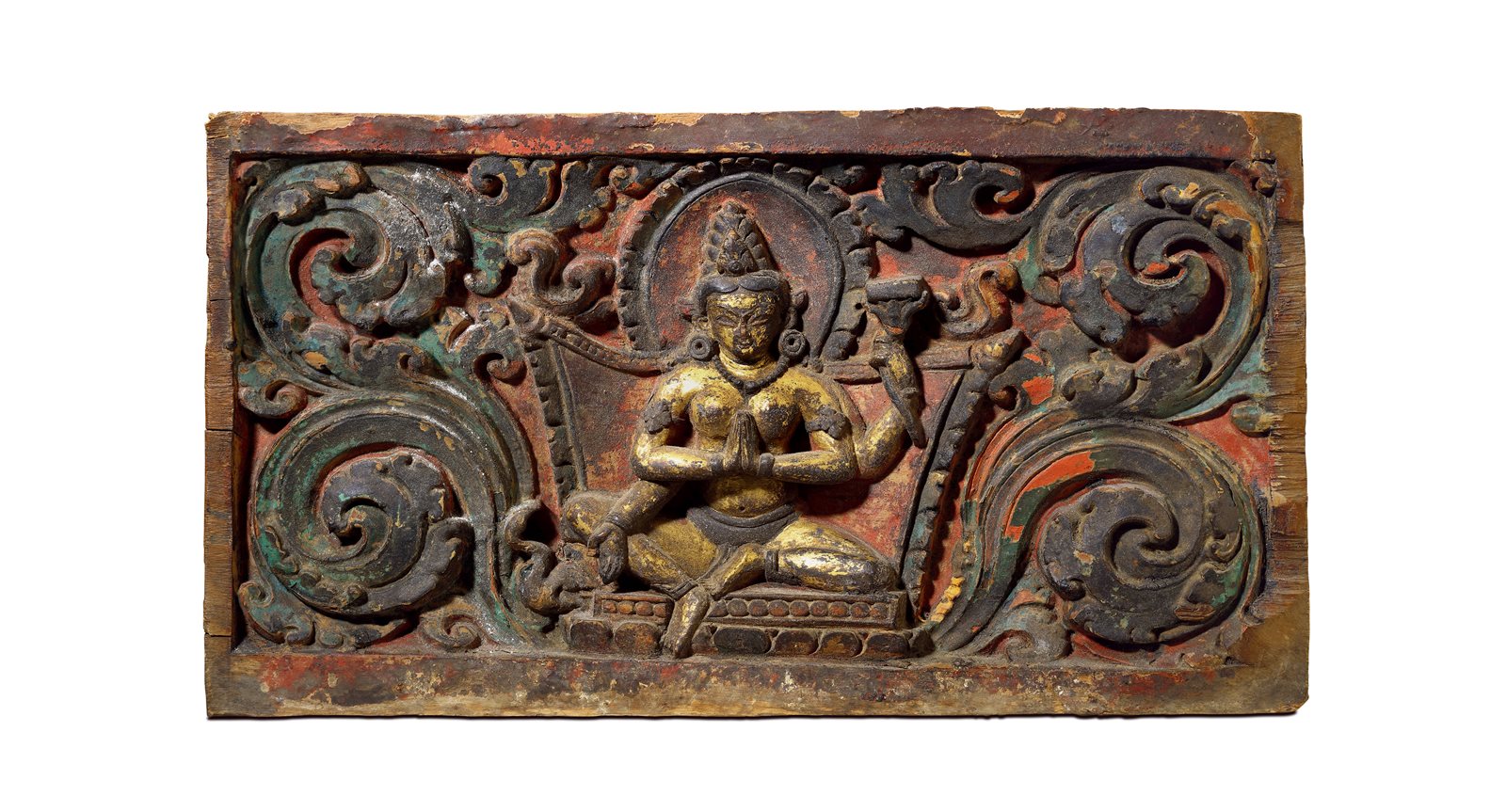 十四世纪 尼泊尔马拉王朝 木雕彩绘四臂般若佛母