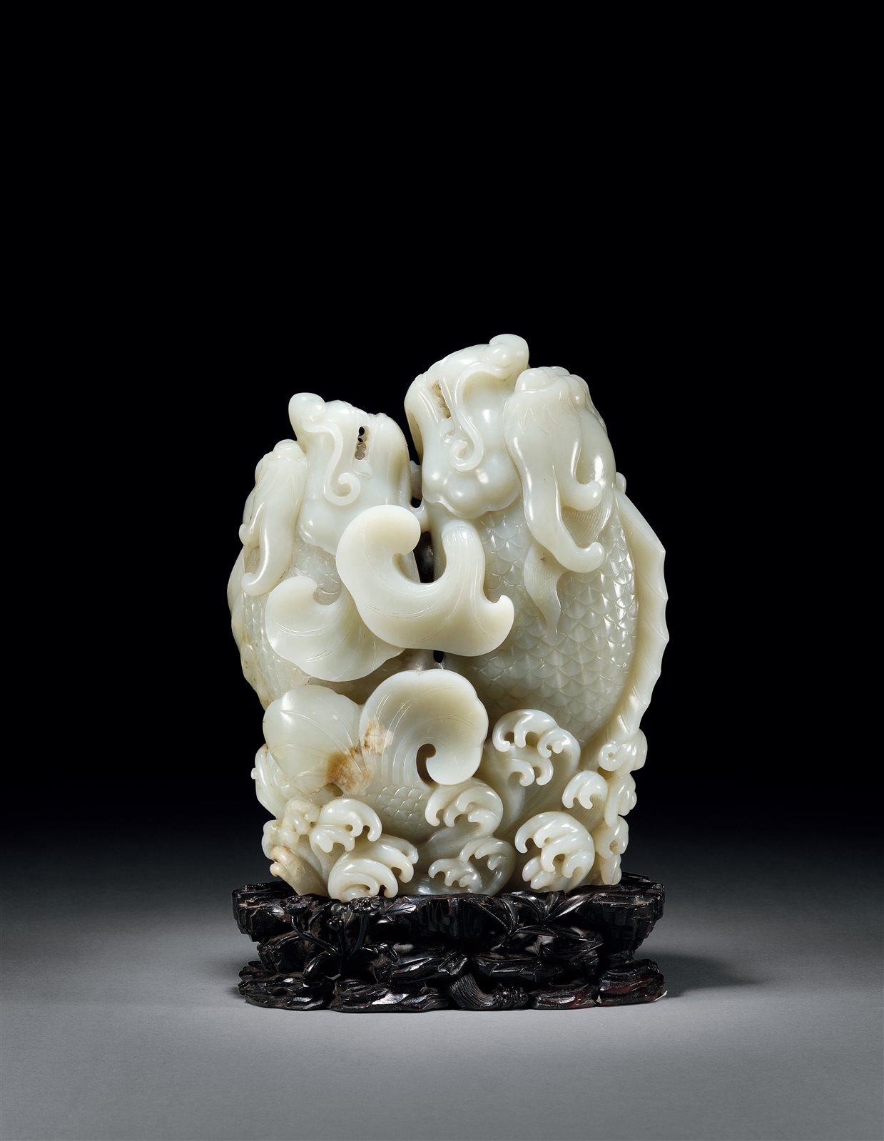 清 青白玉双鱼花插