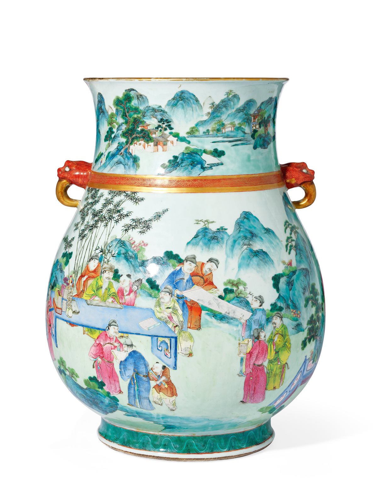 粉彩高士文会图矾红描金双兽吞耳弦纹撇口尊