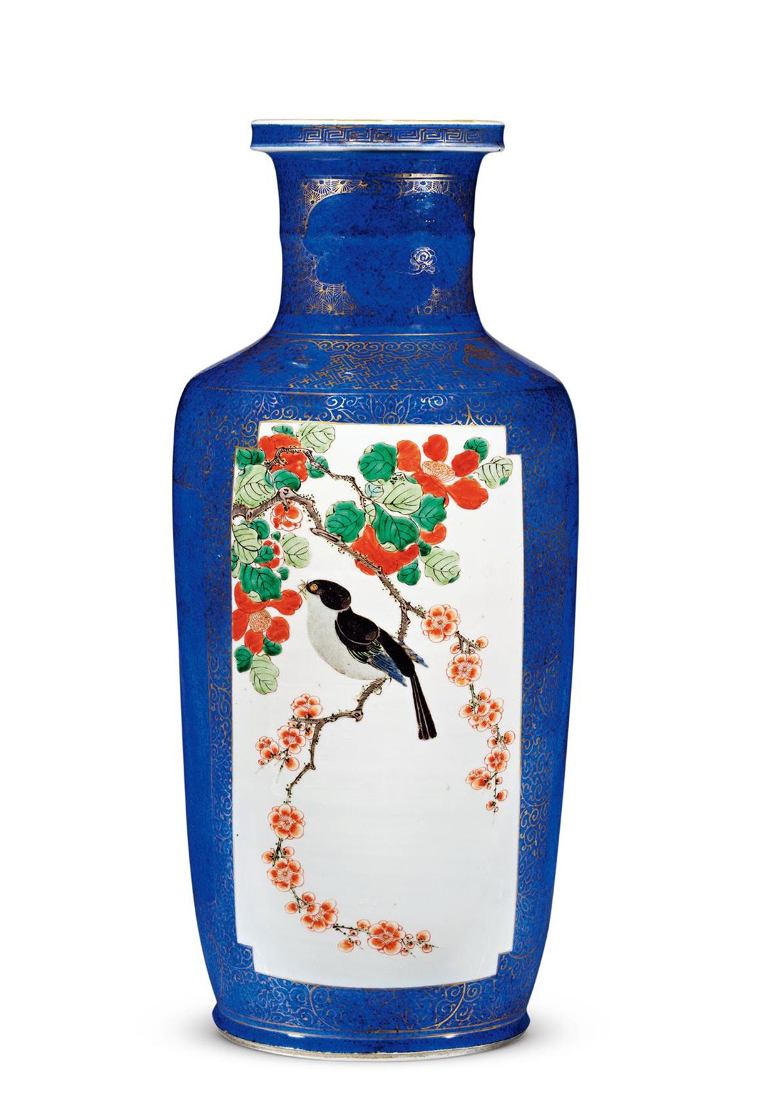 清康熙 洒蓝描金开光瑞果花鸟图棒槌瓶