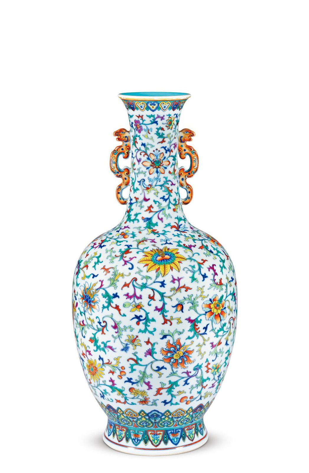 清乾隆 斗彩描金缠枝洋花纹双螭龙耳撇口瓶