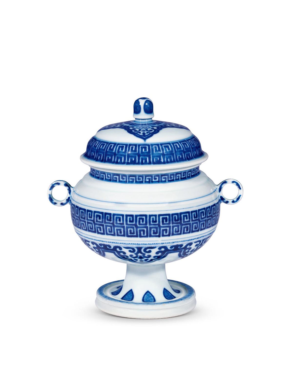 清乾隆 青花仿古铜双环耳盖豆