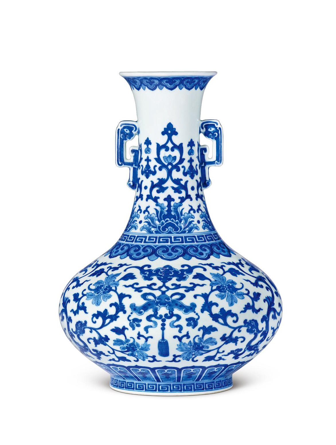 清嘉庆 青花缠枝莲福寿吉庆纹双龙耳瓶