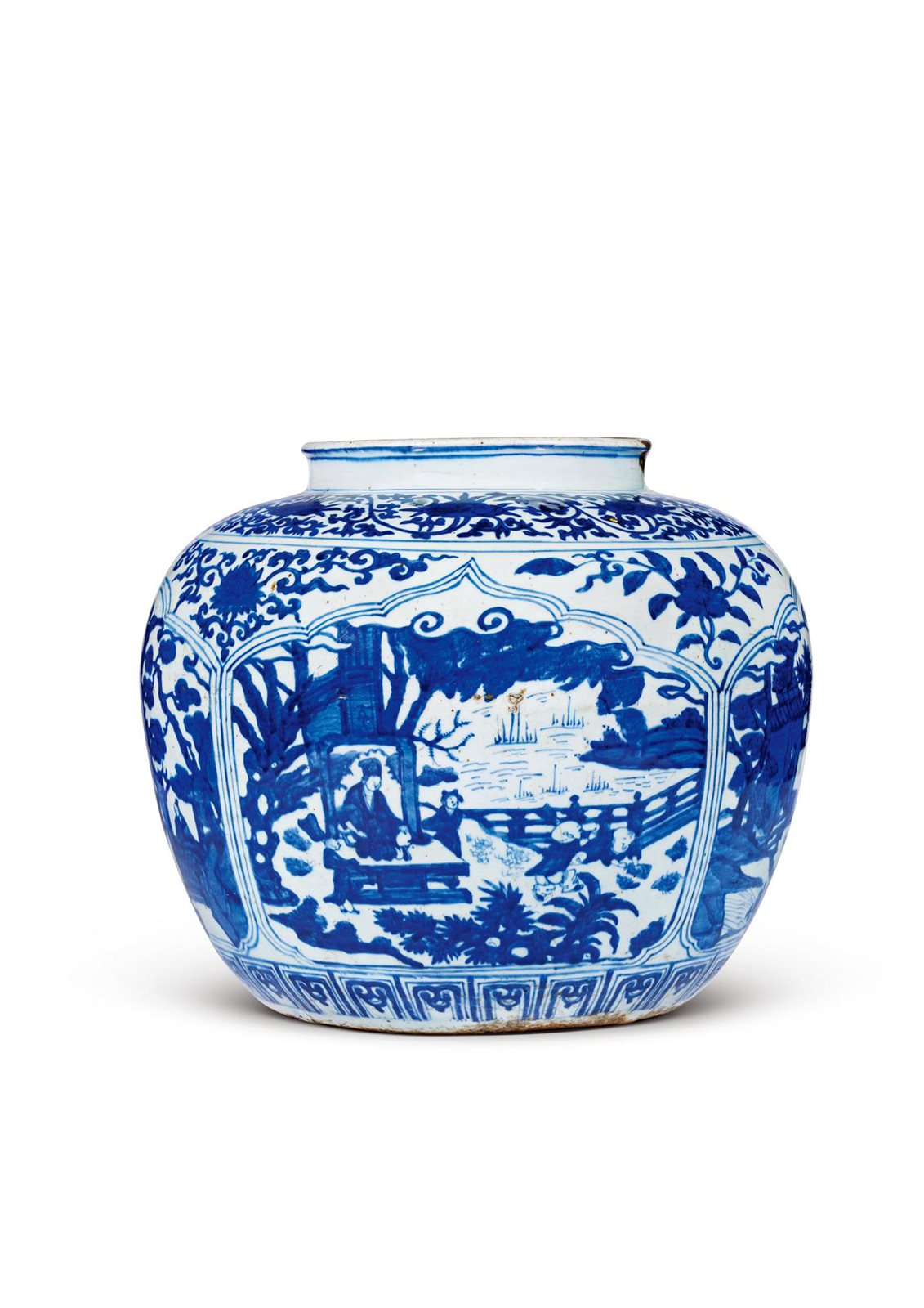 明嘉靖 青花开光“四爱图”高士人物纹罐