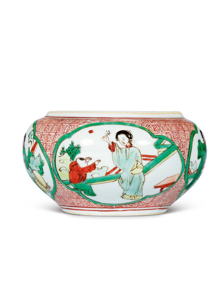 清康熙 五彩开光《西厢记》人物故事图围棋罐