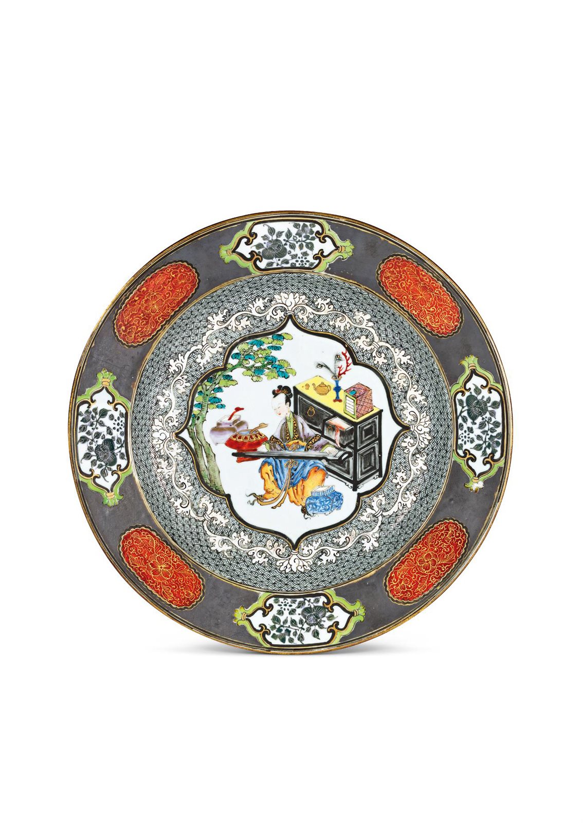 清雍正 银地广珐琅开光博古仕女抚琴图折沿盘