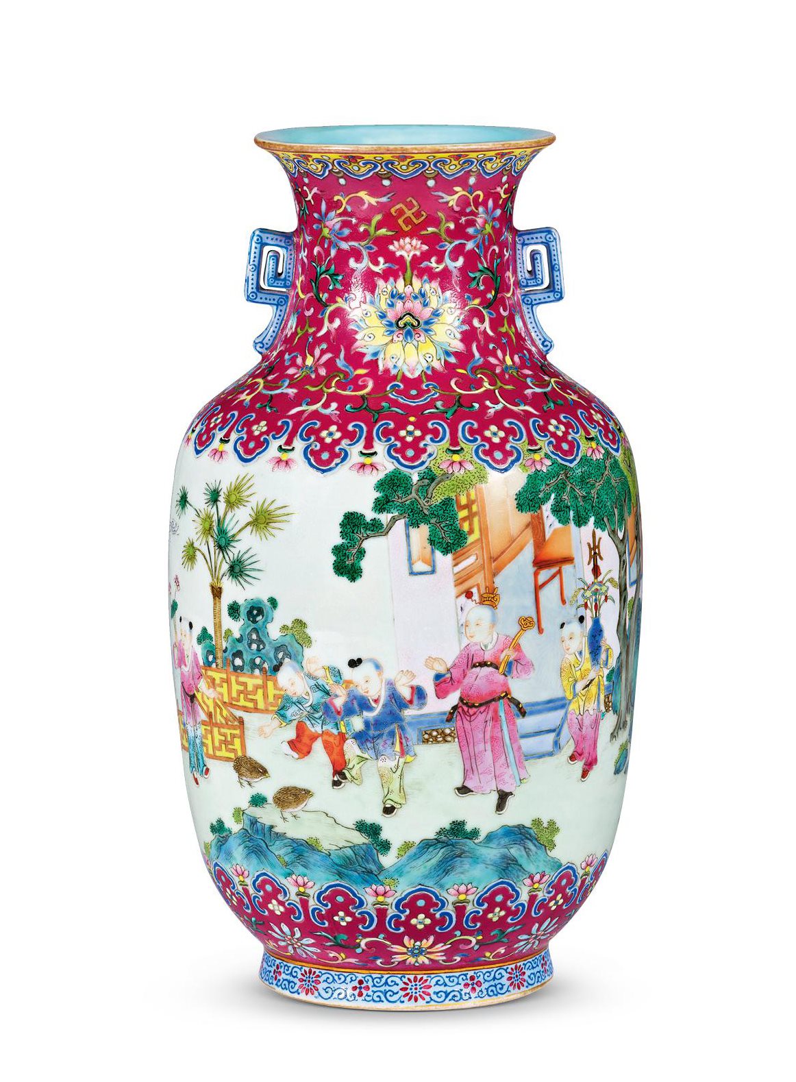 清嘉庆 胭脂红地洋彩洋花婴戏纹如意万代双耳尊