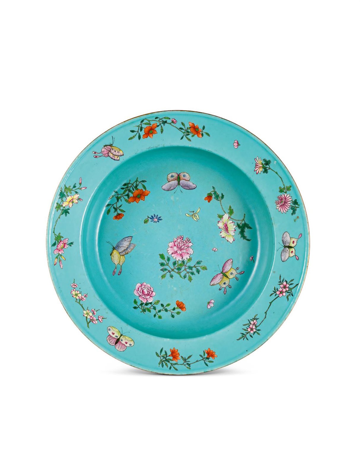 清雍正 松石绿地粉彩花蝶五蝠纹折沿洗