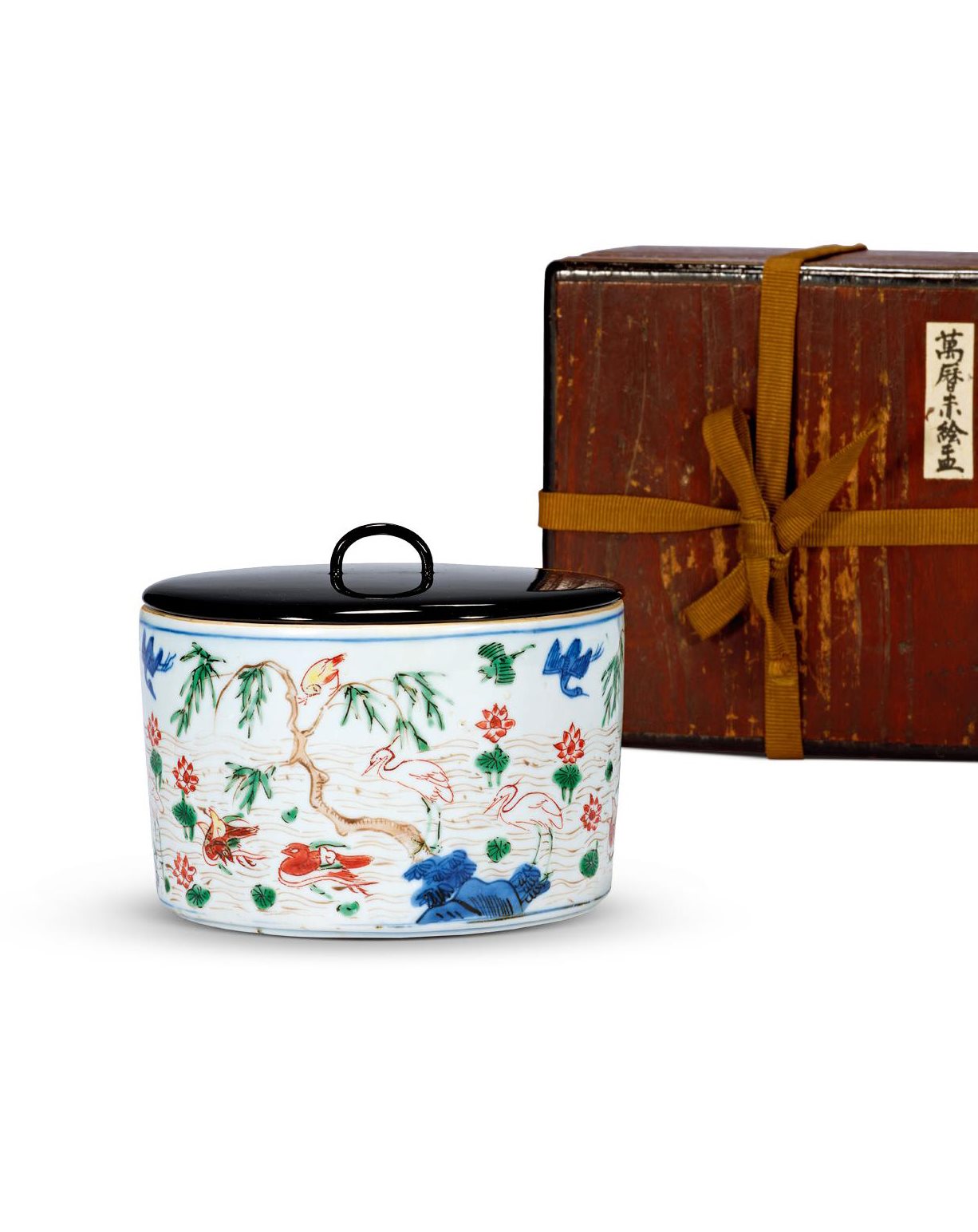 明万历 青花五彩荷塘憩禽图蟋蟀罐