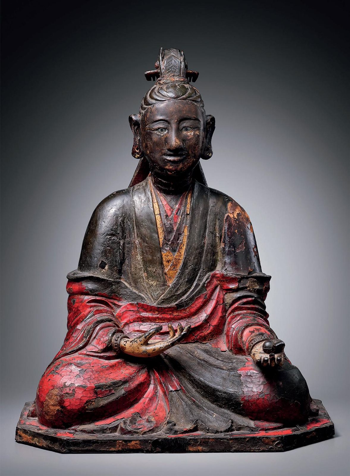 元至明早期 铜胎髹漆彩绘嵌水晶琉璃药王像