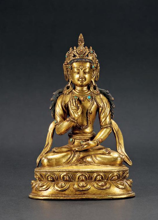 十五至十六世纪 铜鎏金嵌宝石不空成就佛
