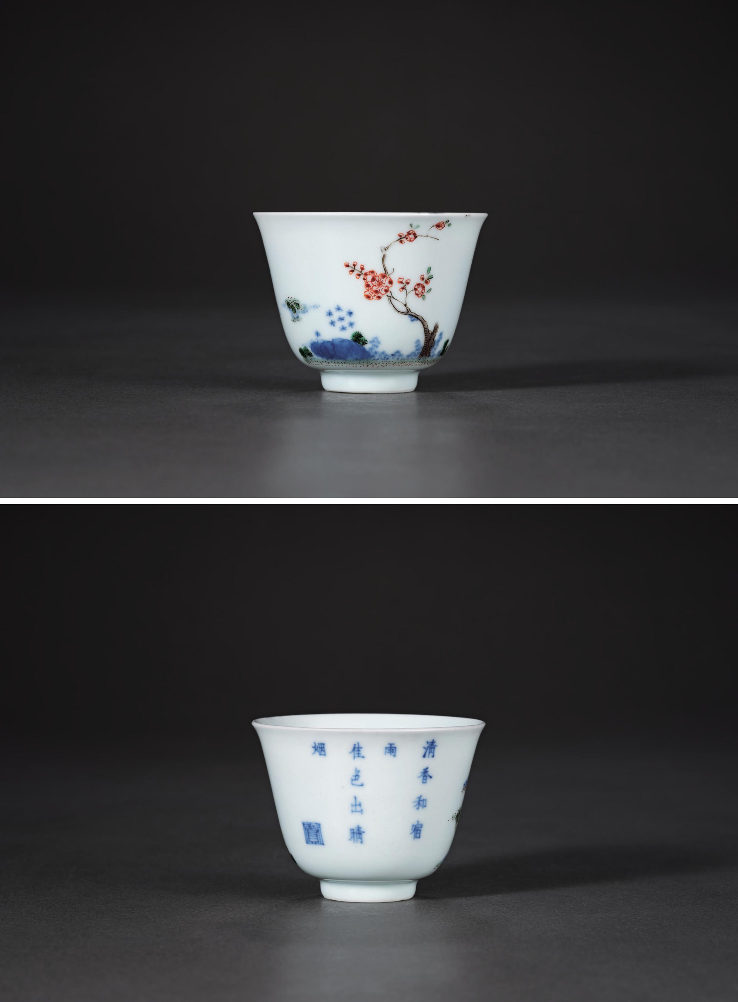清康熙 青花五彩二月杏花花神杯