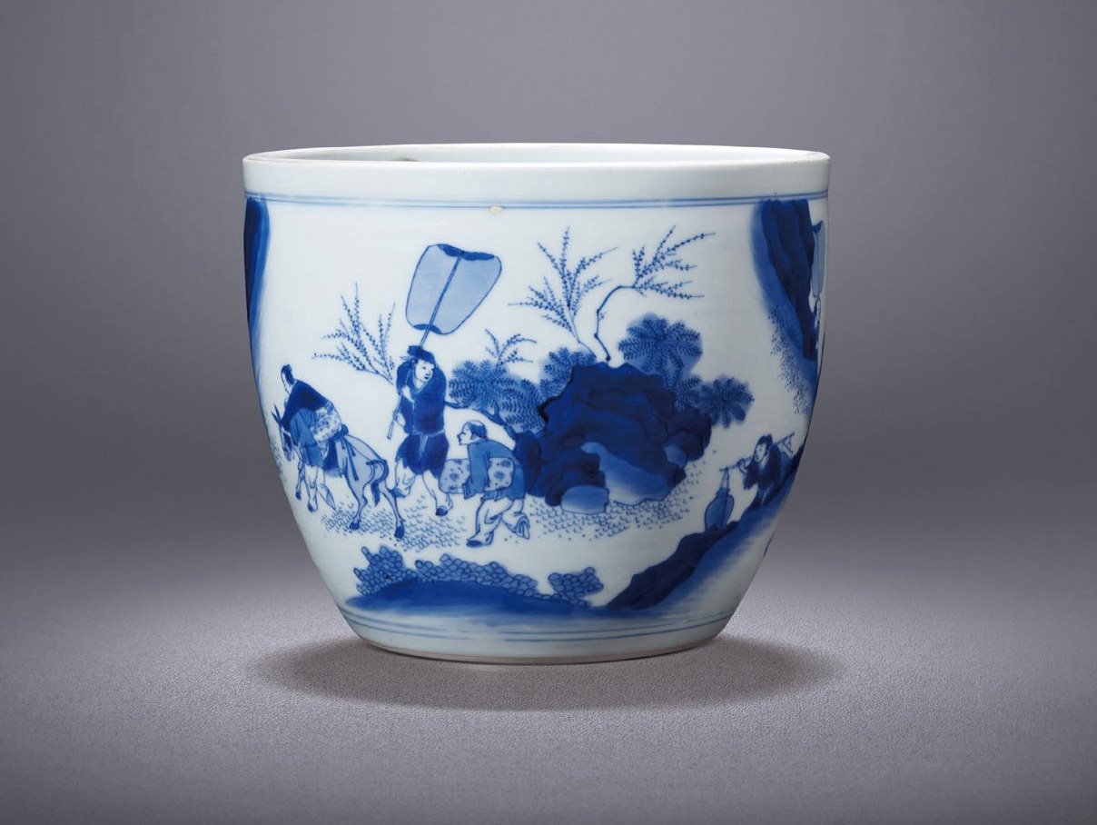 青花“春社醉归”图案缸