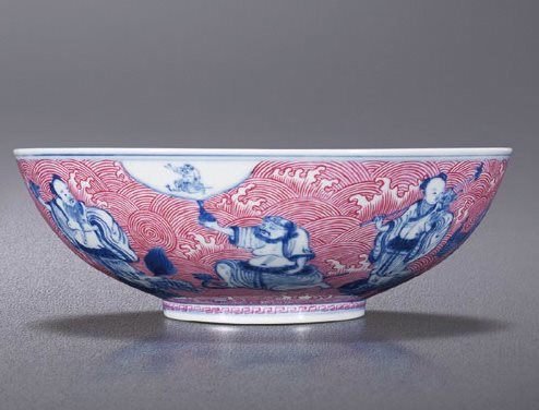 青花胭脂红海水八仙纹大碗
