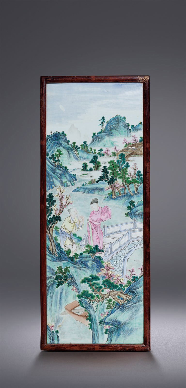 粉彩山水人物瓷板挂屏